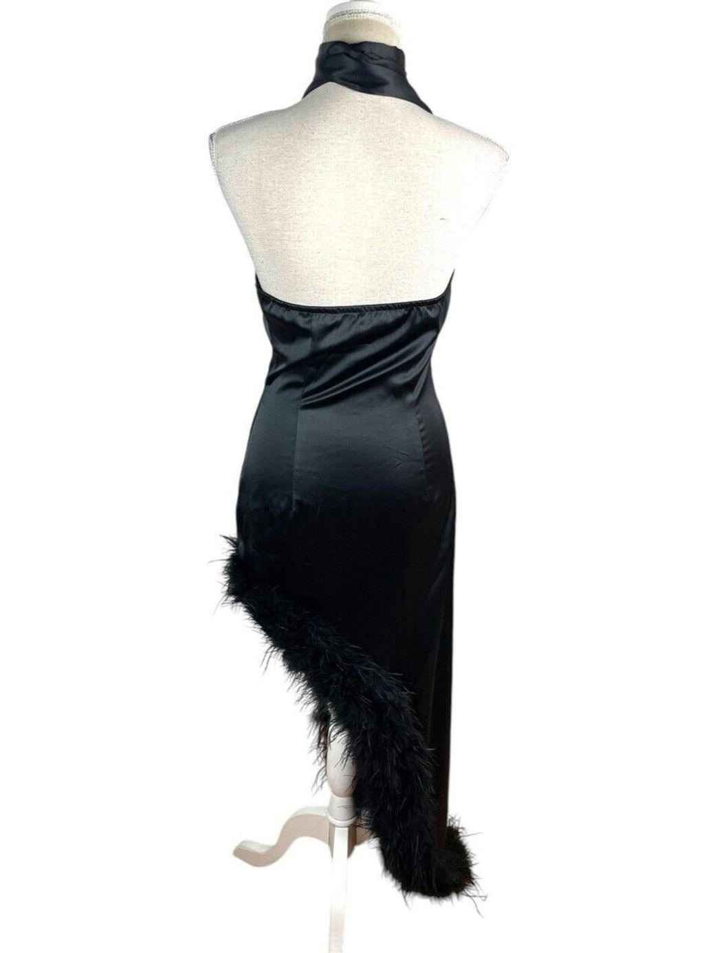 Pretty Little Thing Black Satin Dress Feather Trim Women’s UK Size 8