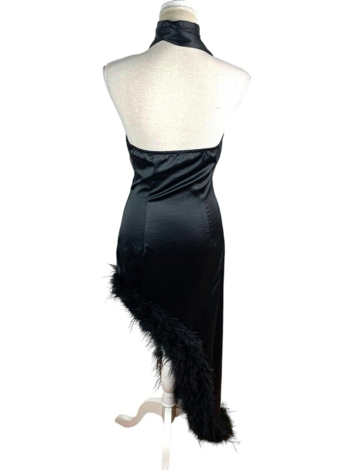 Pretty Little Thing Black Satin Dress Feather Trim Women’s UK Size 8