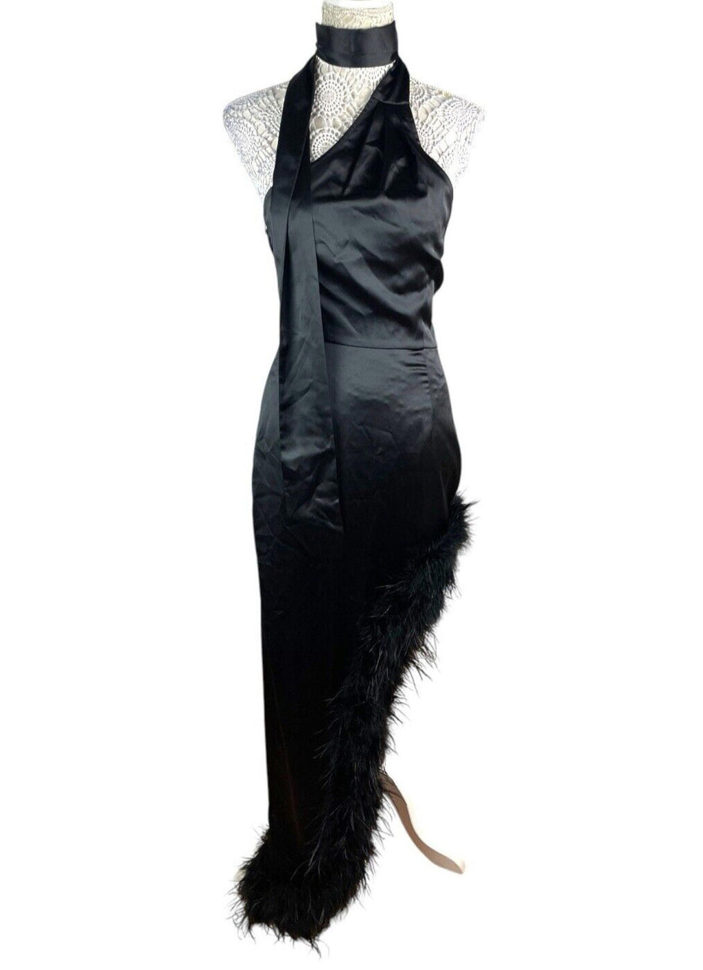Pretty Little Thing Black Satin Dress Feather Trim Women’s UK Size 8