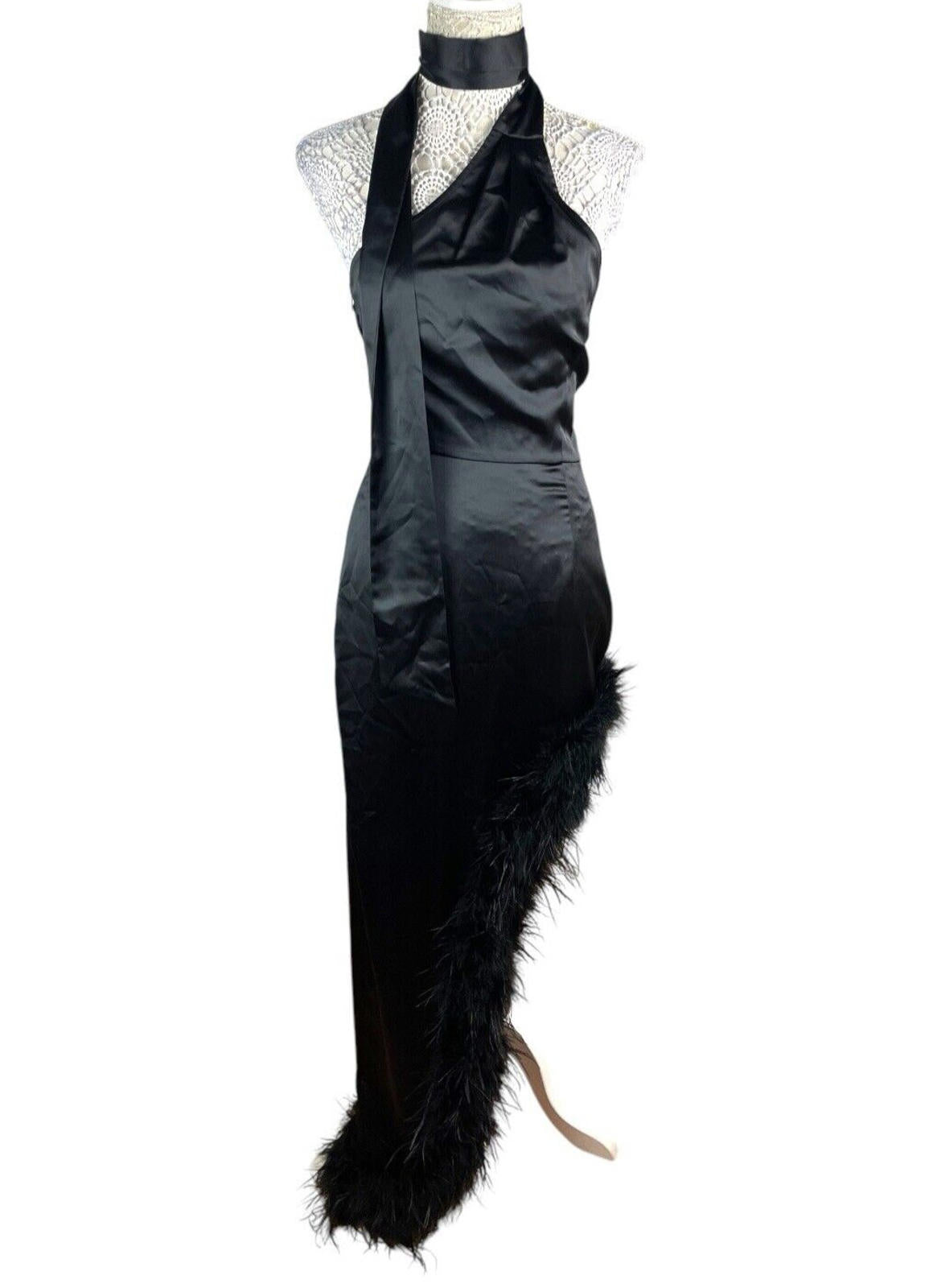Pretty Little Thing Black Satin Dress Feather Trim Women’s UK Size 8