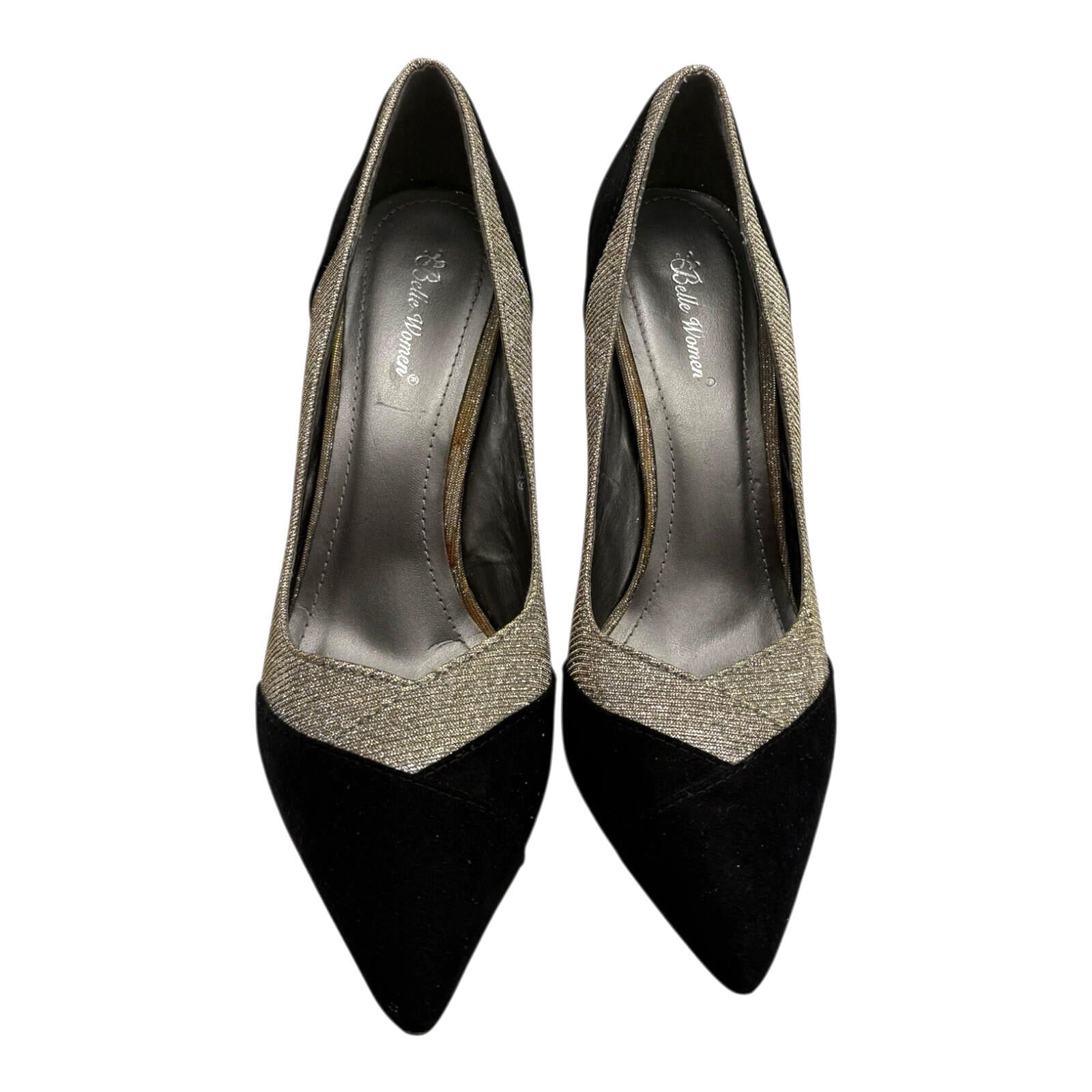 Belle Woman Stiletto Shoes Women’s UK Size 6 Pointed Toe Sparkle Black Silver