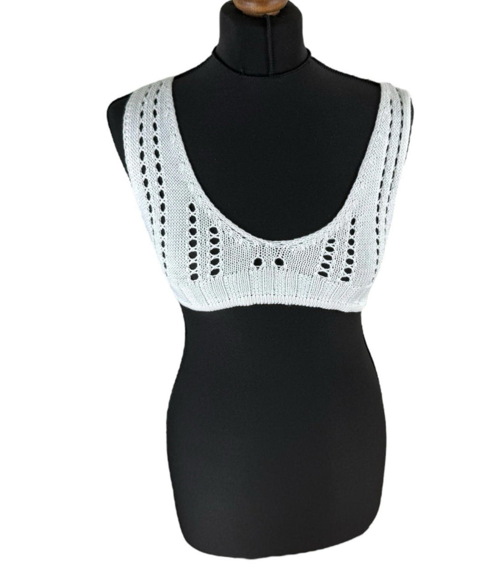 White Knit Micro Crop Top Perforated Hole Design Women’s UK Size 8