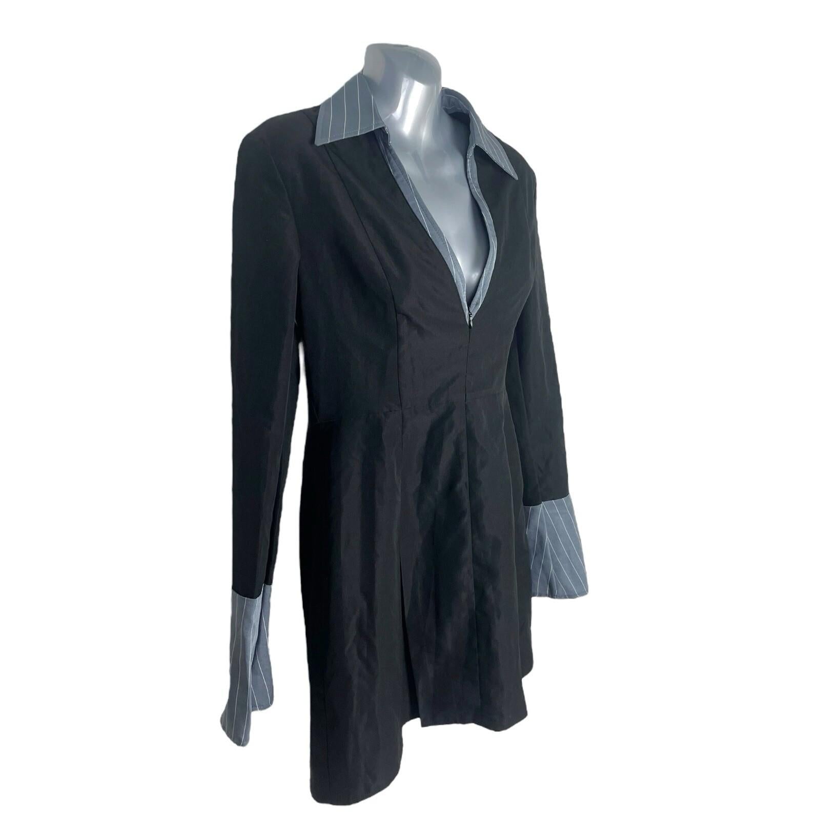 Mock Shirt Mini Dress Women’s UK Size 8 Black Grey Flared Cuffs Collared V-Neck