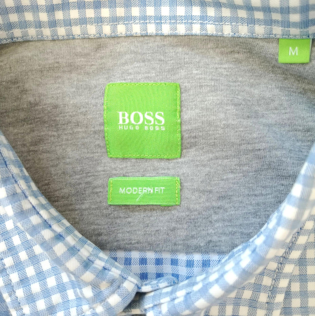 Hugo Boss Shirt Men's UK Size M Long Sleeve Blue Check 100% Cotton Pocket Modern