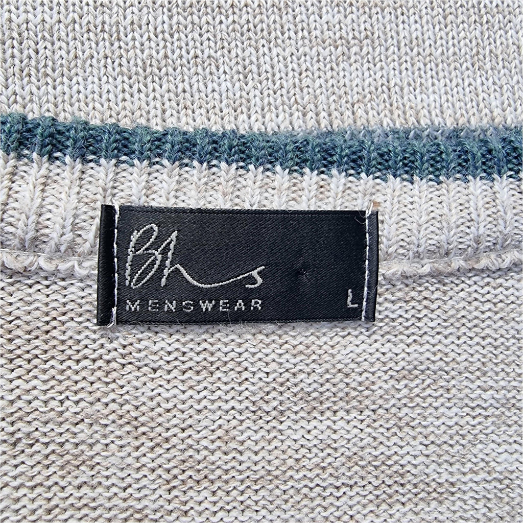BHS Knit Jumper Men's UK Size L Beige Striped 100% Acrilic V-Neck