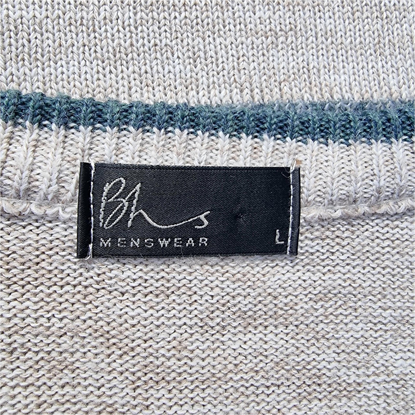 BHS Knit Jumper Men's UK Size L Beige Striped 100% Acrilic V-Neck