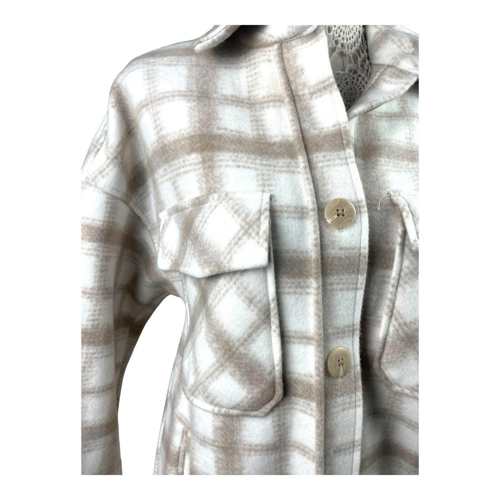 Stradivarius Beige Shirt Jacket Check Brushed Oversized Women’s UK Size XS