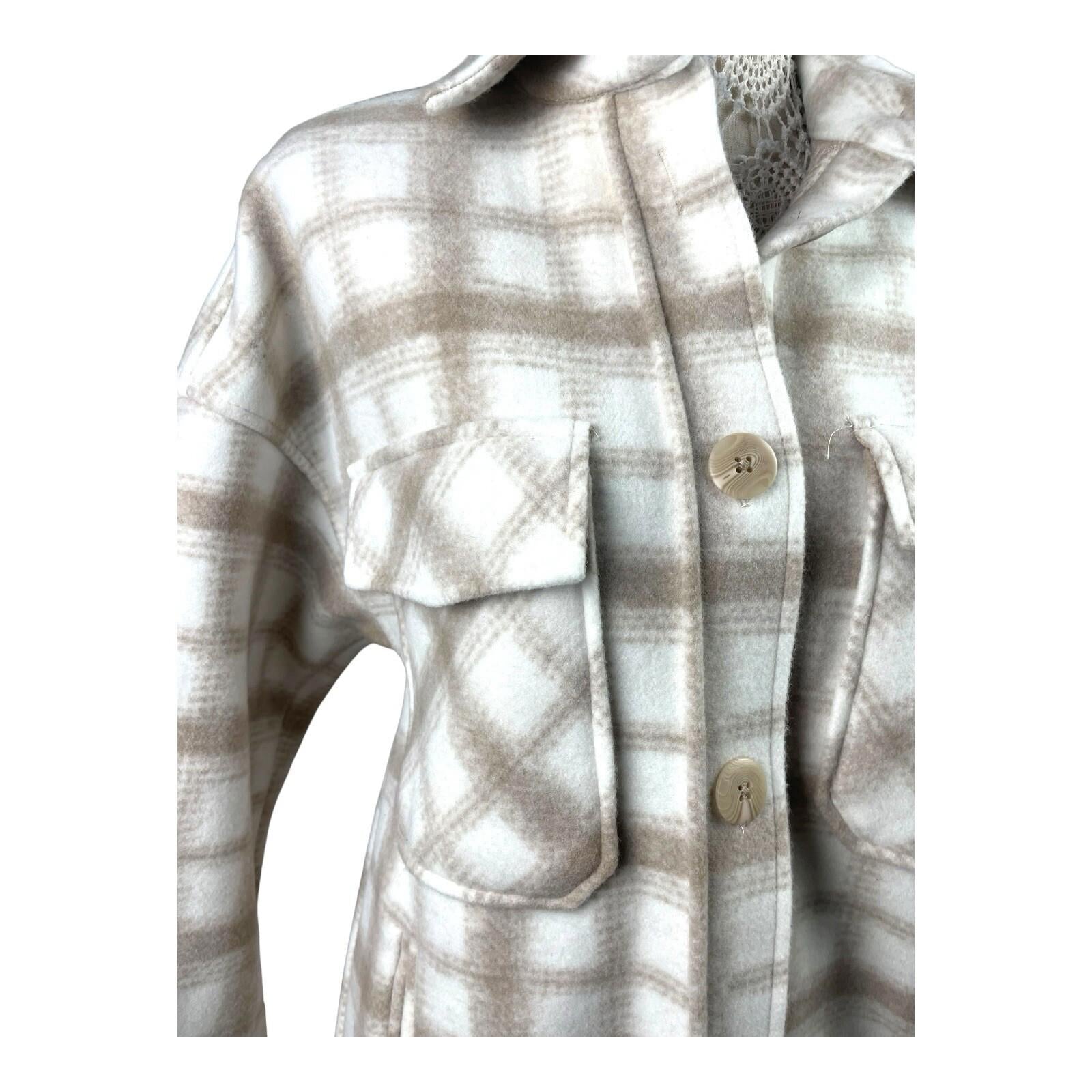 Stradivarius Beige Shirt Jacket Check Brushed Oversized Women’s UK Size XS
