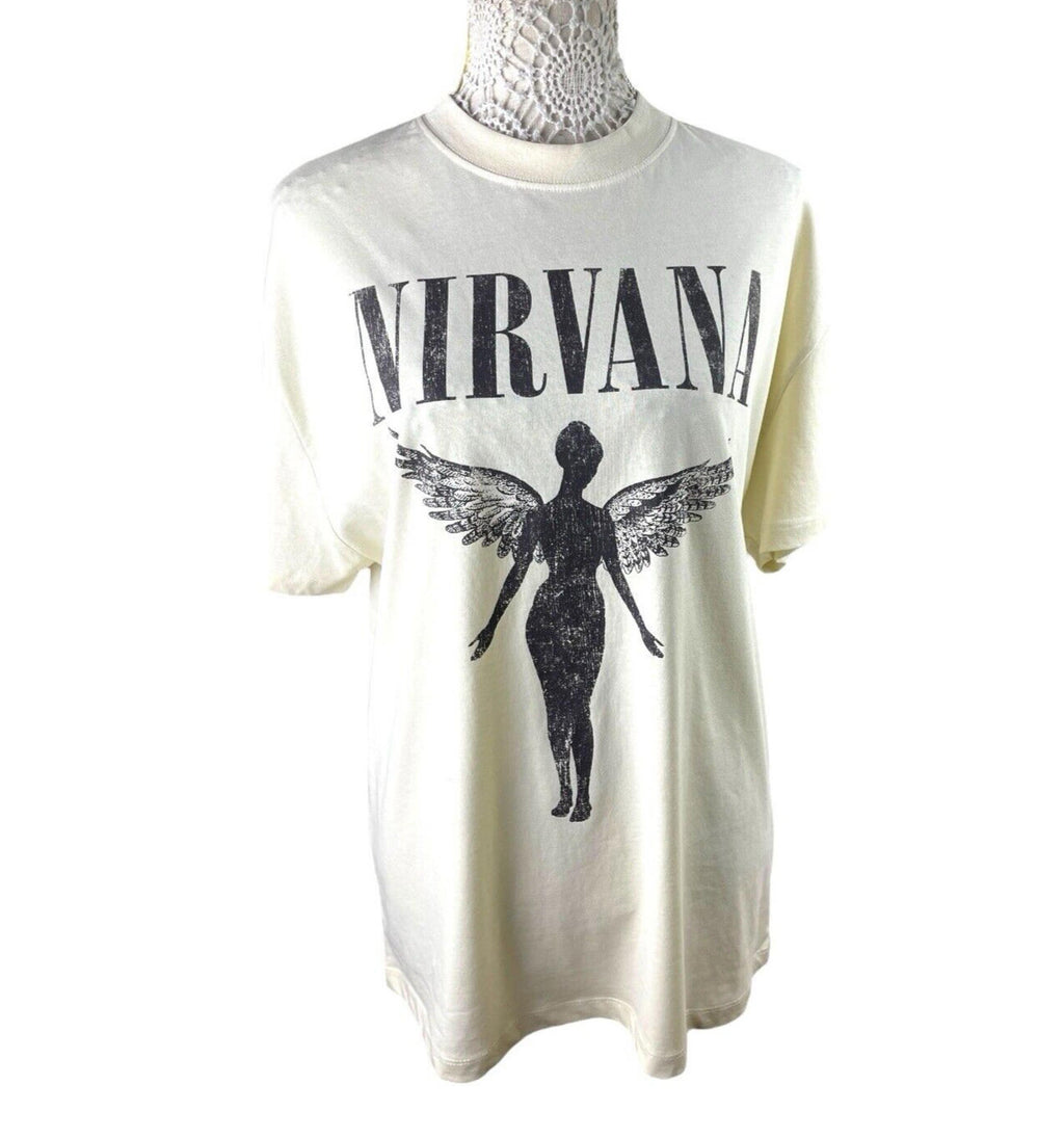 Stradivarius Nirvana T-Shirt Over Sized Beige Graphic Print Women’s UK Size XS