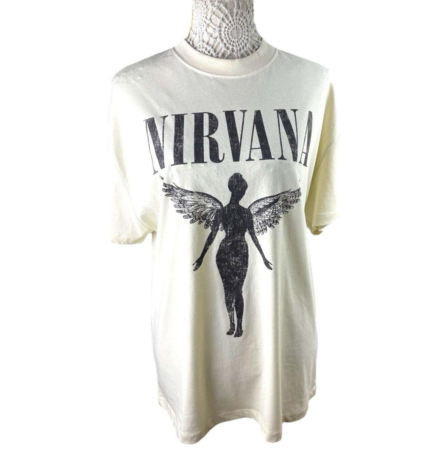 Stradivarius Nirvana T-Shirt Over Sized Beige Graphic Print Women’s UK Size XS