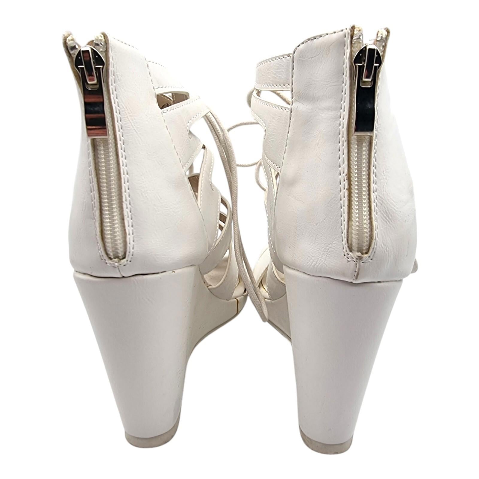 Aspirer Wedge Shoes Women's UK Size 7 Ankle Strap White Lace Up Faux Leather