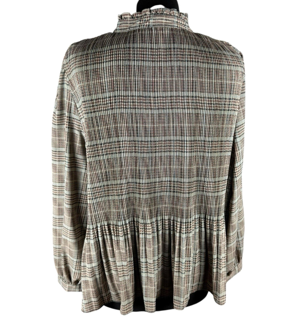 Zara Brown Beige Blouse Tie Neck Top Frilled Hem Women’s UK Size L