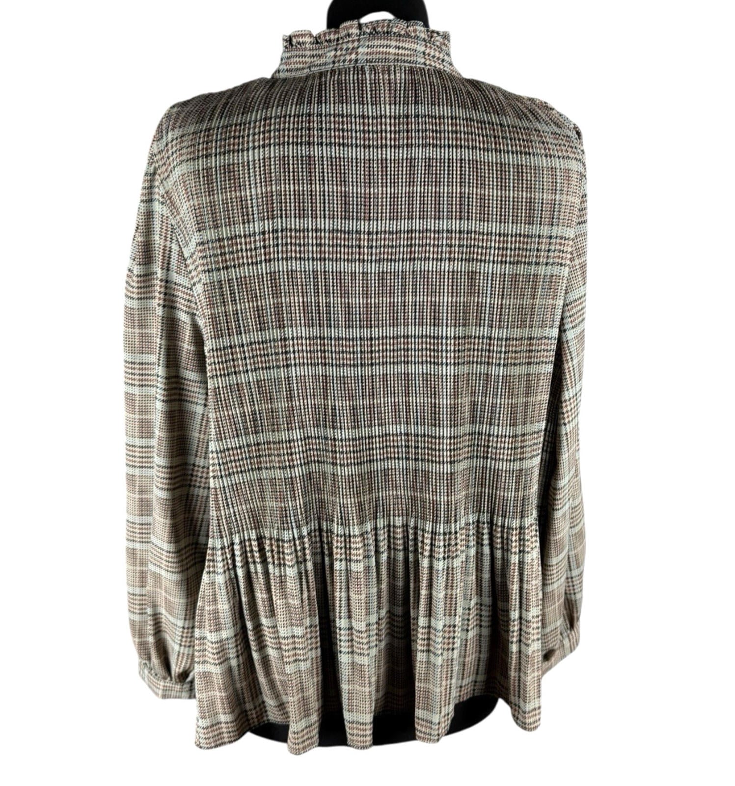 Zara Brown Beige Blouse Tie Neck Top Frilled Hem Women’s UK Size L