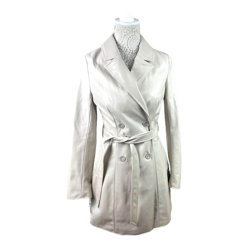 Divided Faux Leather Trench Coat Belted Beige Grey Women’s UK Size XS