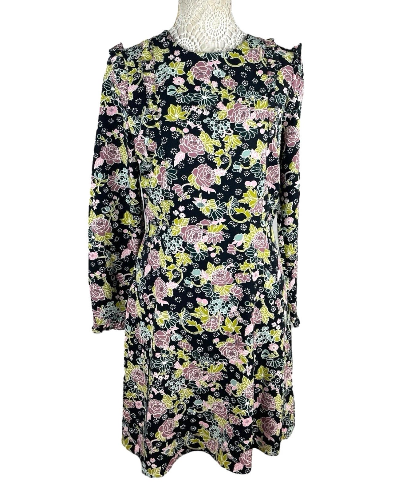 Red Herring Black Floral Dress High Neck Knee Length Women’s UK Size 12