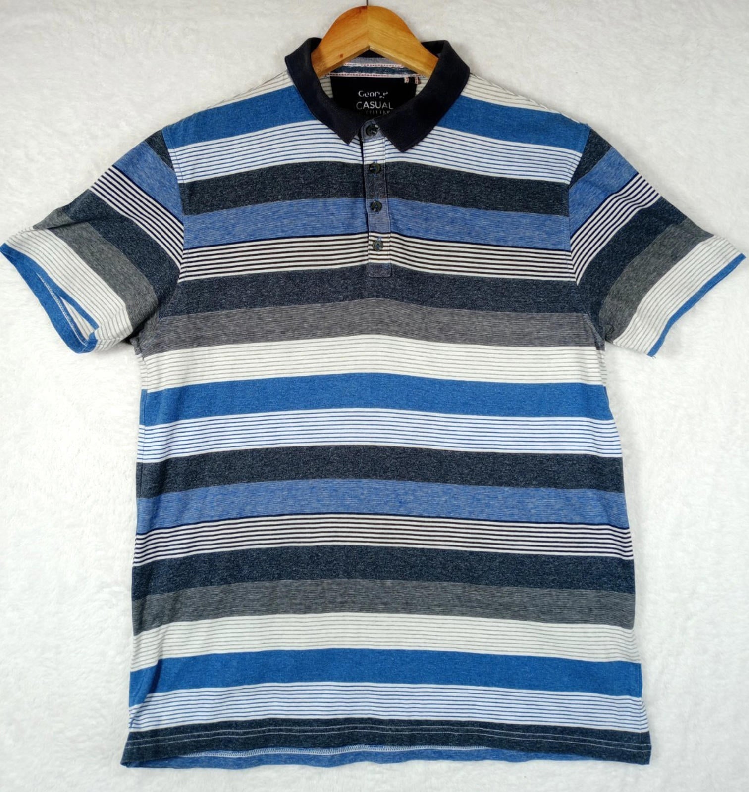 George Polo Shirt Men's UK Size M Blue Stripe Short Sleeve 100% Cotton Easy Care