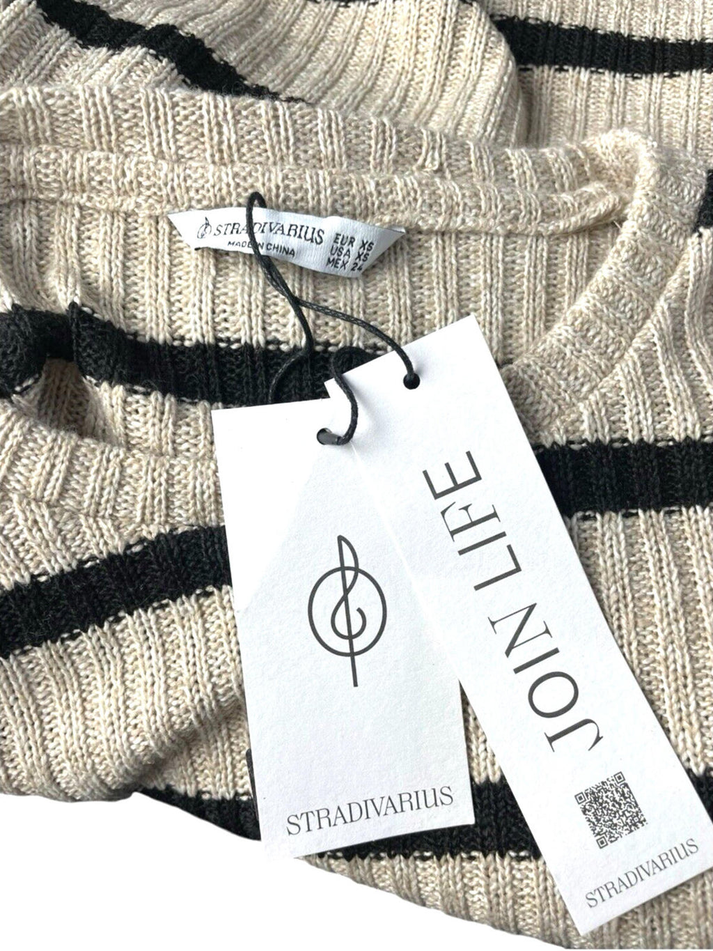 Stradivarius Jumper Black & Beige Striped Top Long Sleeve Women’s UK Size XS