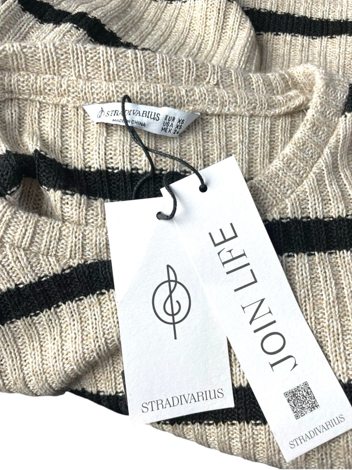Stradivarius Jumper Black & Beige Striped Top Long Sleeve Women’s UK Size XS