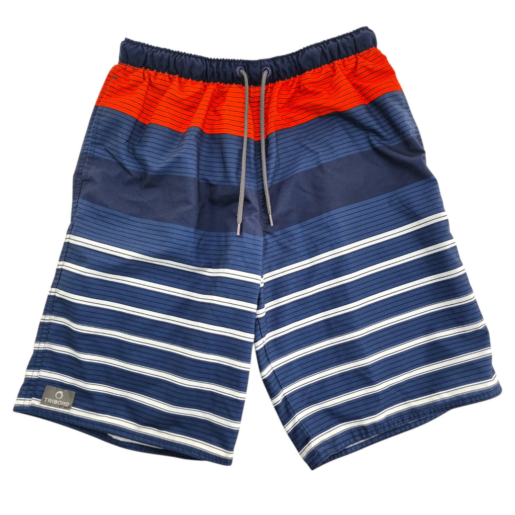Decathlon Swim Shorts Men's UK Size M Blue White Red Striped Mesh Lined Pockets