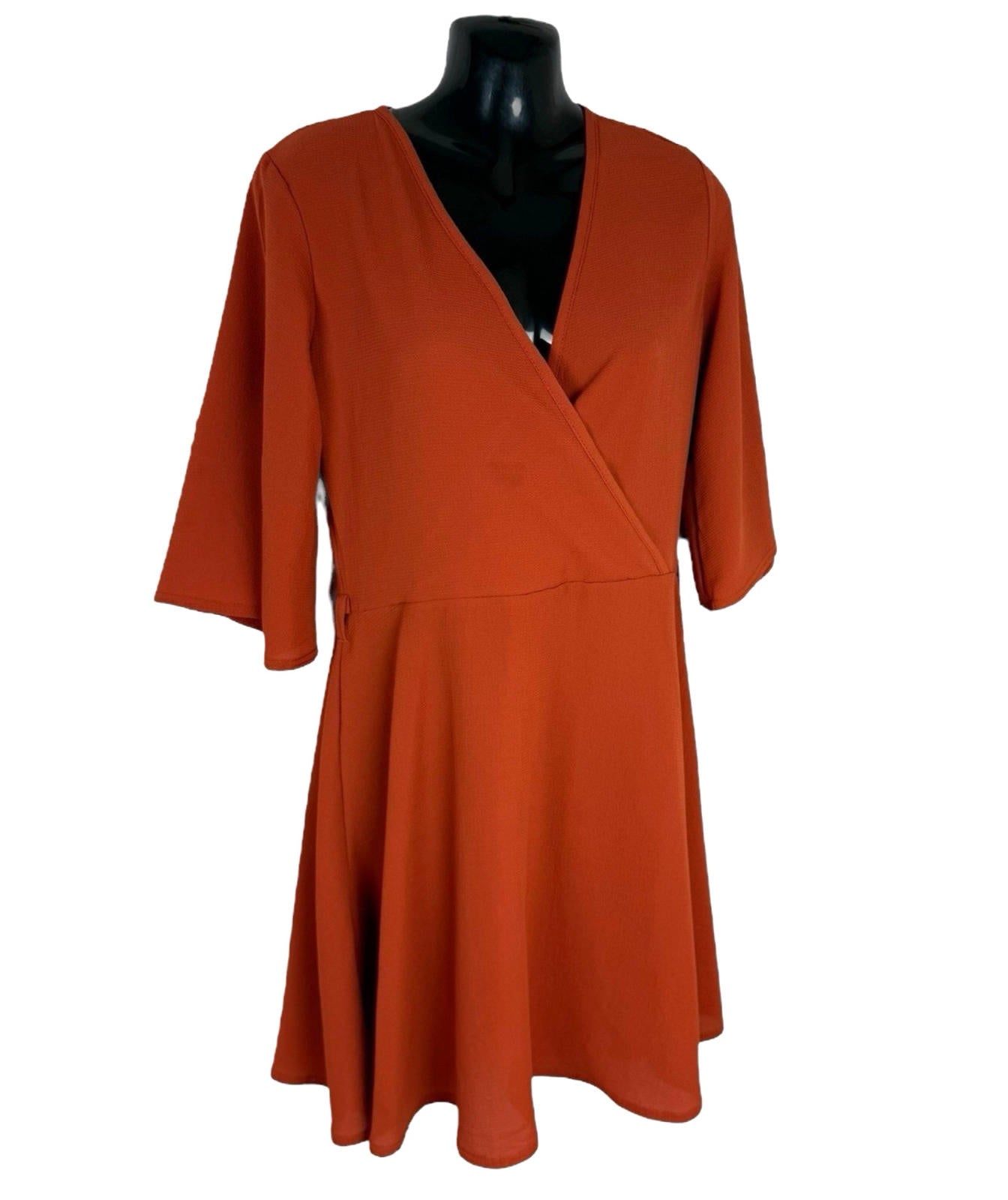 Boohoo Burnt Orange Mini Dress V Neck 3/4 Sleeve Women’s UK Size 12