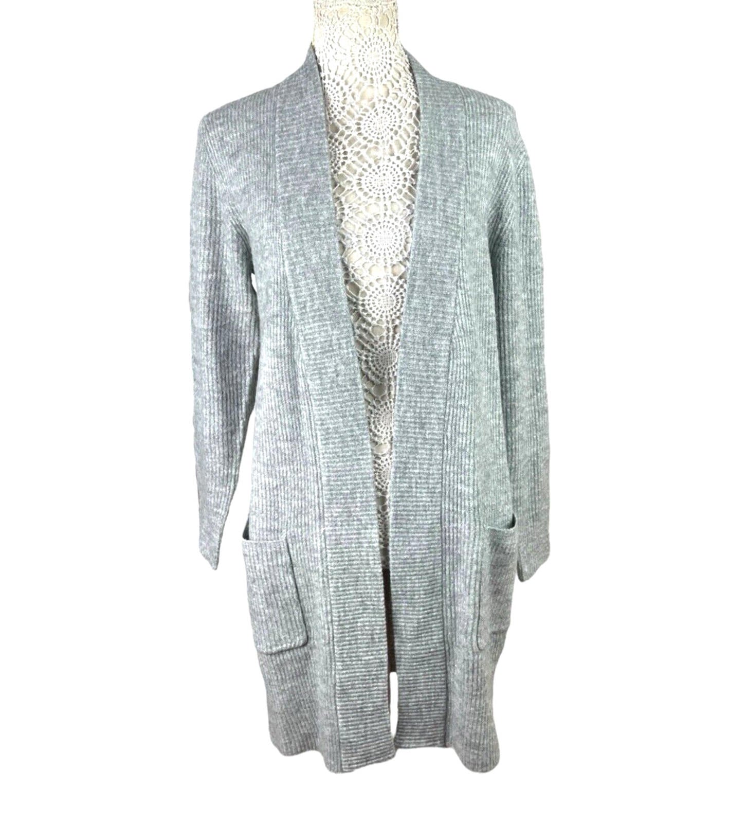 New Look Longline Knit Cardigan Women’s UK Size S Grey Ribbed Open Front Pockets