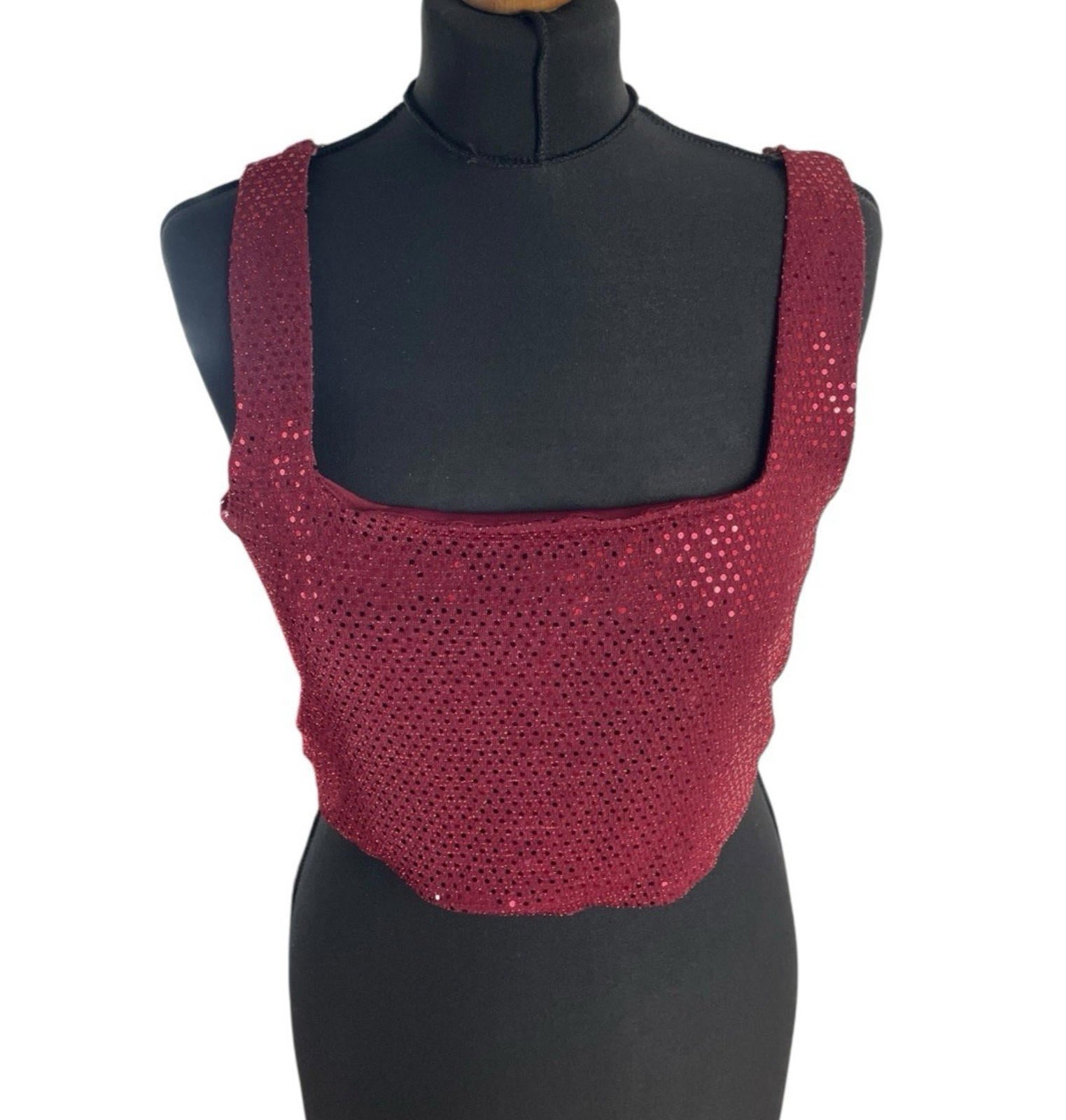 New Look Red Sparkle Crop Top Square Neck Stretch Women’s UK Size 16