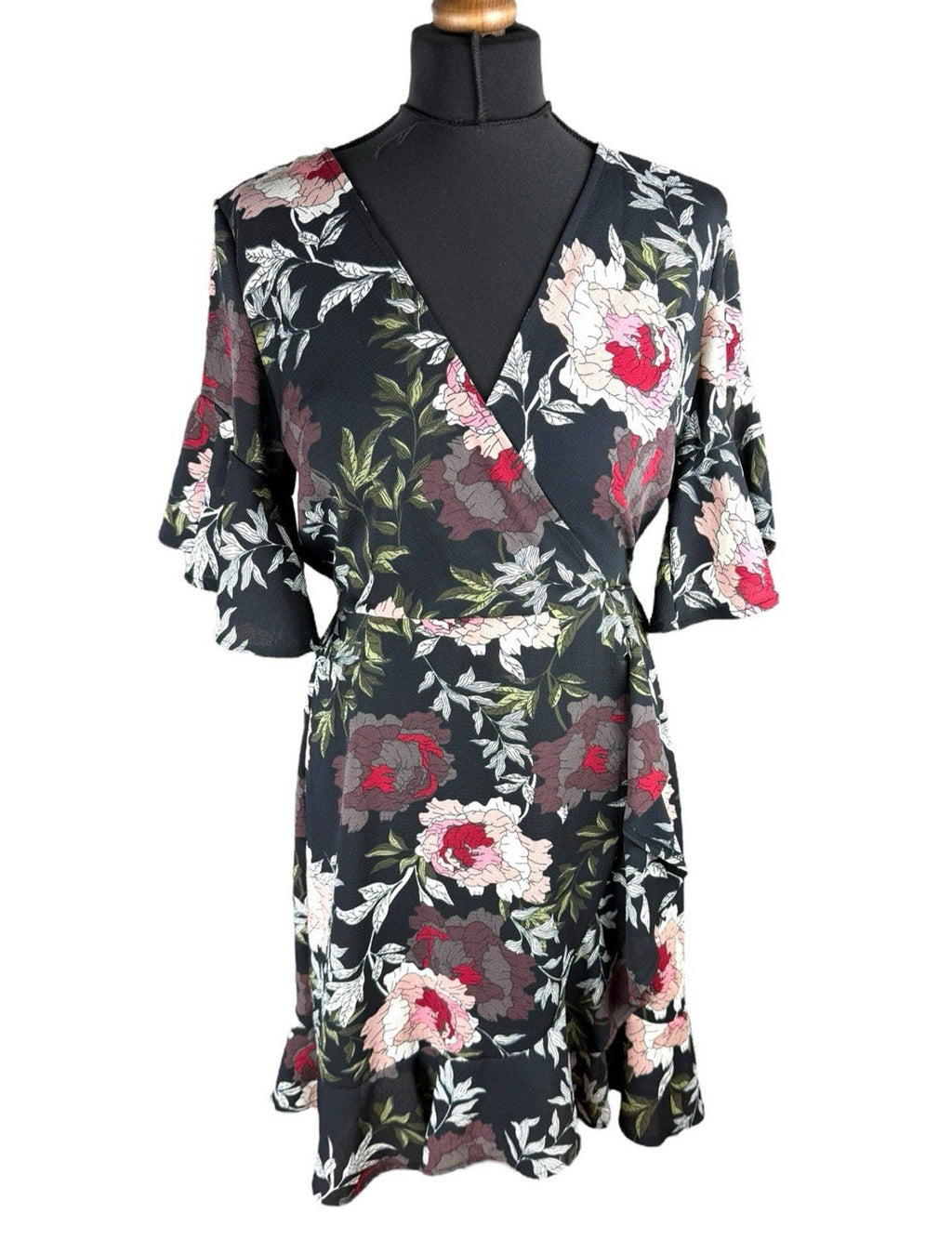 AX Paris Dress Black Floral Wrap Front Frill Knee Length Women’s UK Size 10