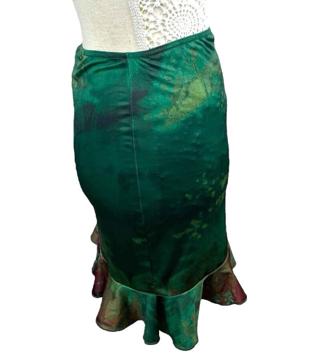 Manor Mini Skirt Dark Green Satin High Waist Frilled Hem Women’s UK Size 8