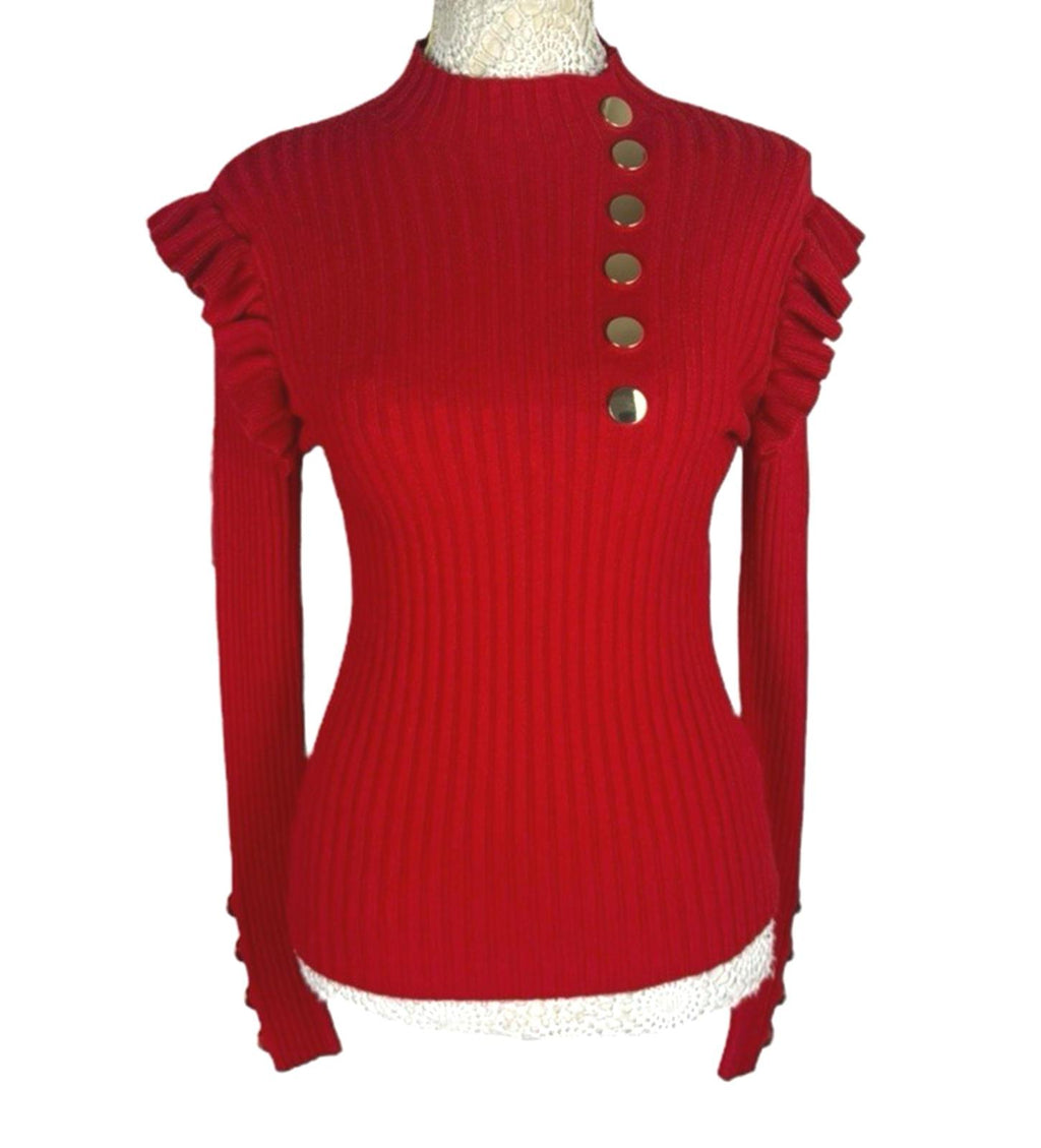 Moocci Red High Neck Knit Jumper Ribbed Gold Button Women’s UK Size M