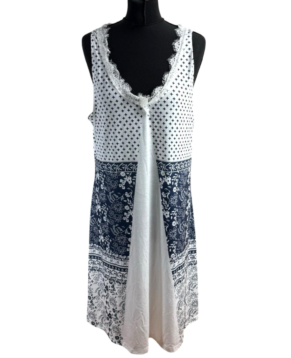 Lightweight Tank Dress Women’s UK Size 2XL Lave Neck White Navy Pattern