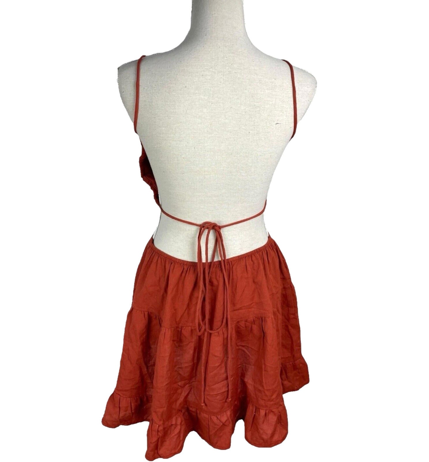 Rust-Colored Mini Dress Women’s UK Size 8 Tie Front Cut Out Waist Ruffled Skirt