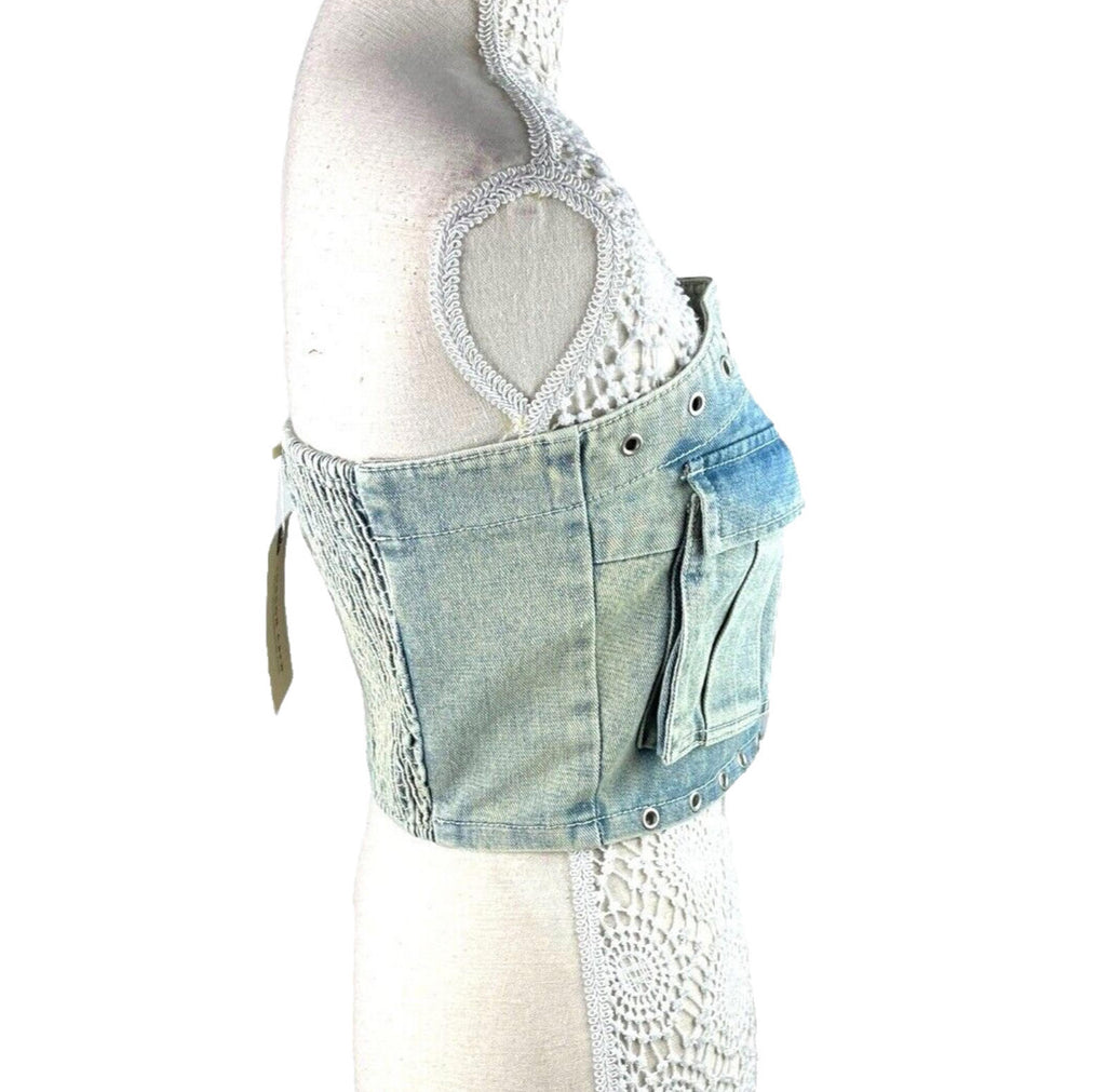London Crew Light Wash Denim Crop Top Women’s UK Size 8 Blue Pockets Shirred