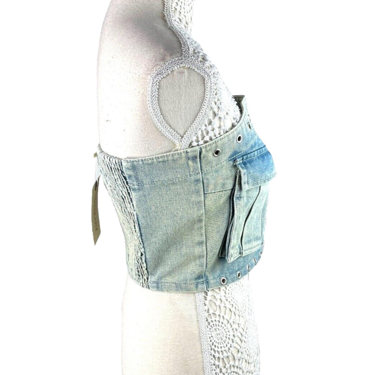 London Crew Light Wash Denim Crop Top Women’s UK Size 8 Blue Pockets Shirred