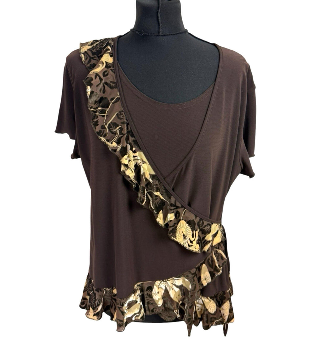 Saloos Skirt And Top Co Ord Set Women’s UK Size XL Stretch Floral Frill Brown