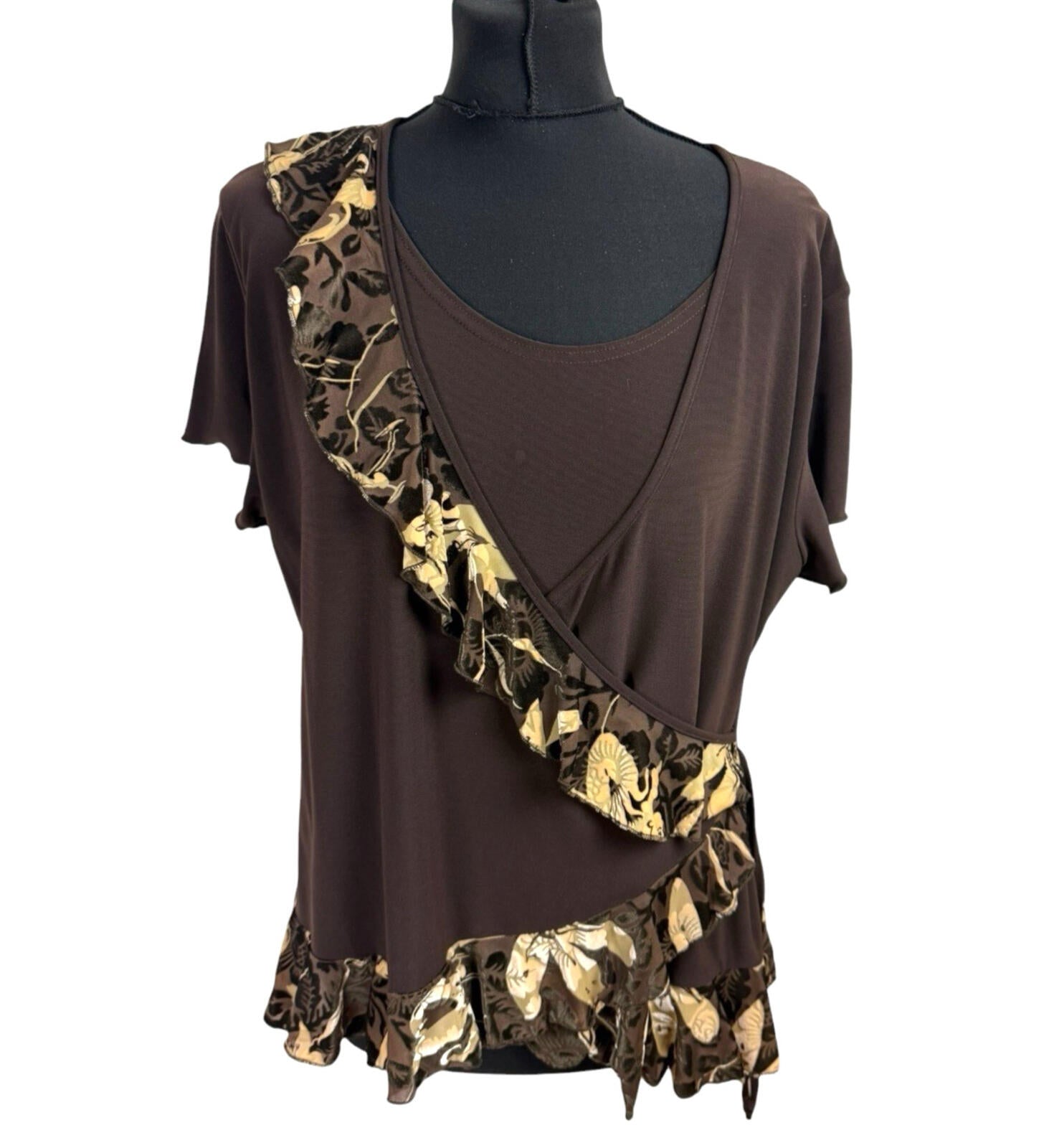 Saloos Skirt And Top Co Ord Set Women’s UK Size XL Stretch Floral Frill Brown