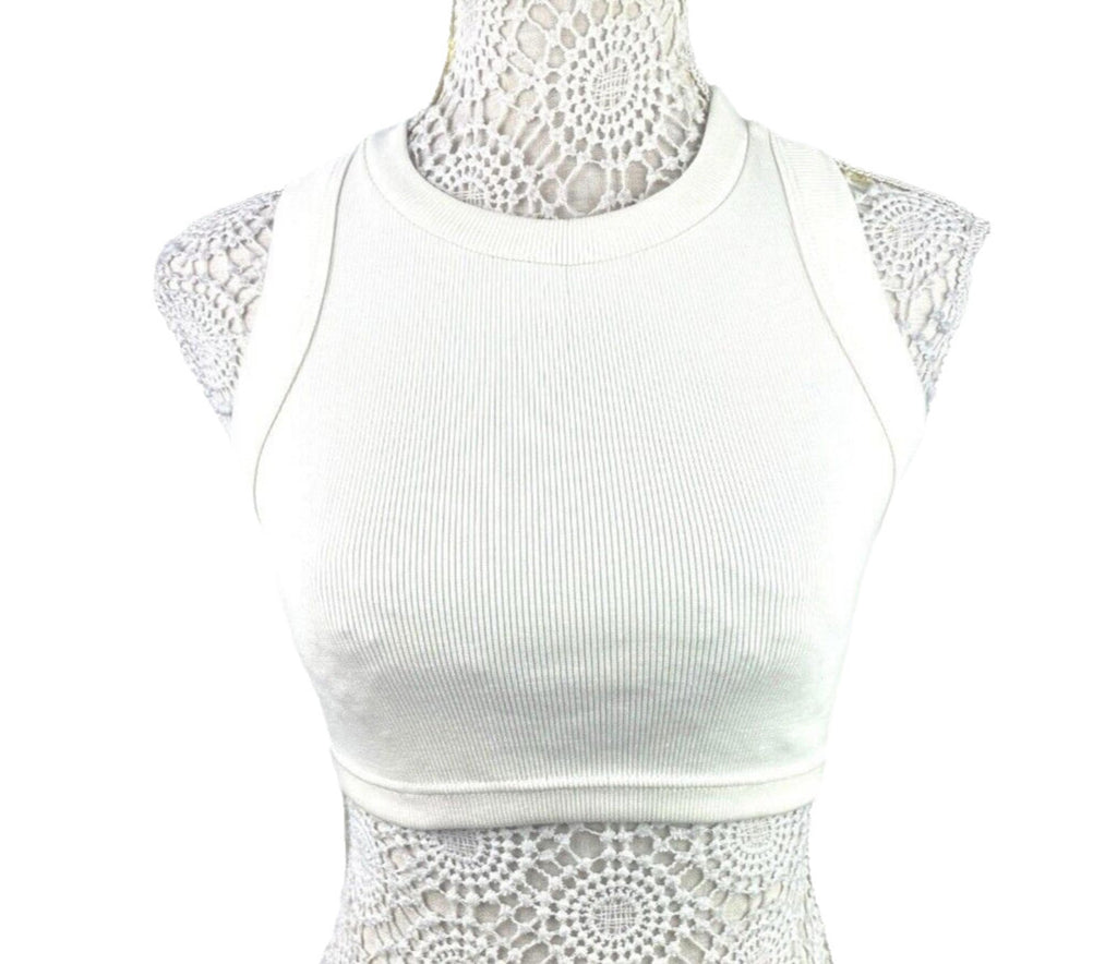 Ribbed Racerback Crop Top Women’s UK Size S Ivory Crew Neck Sleeveless Summer