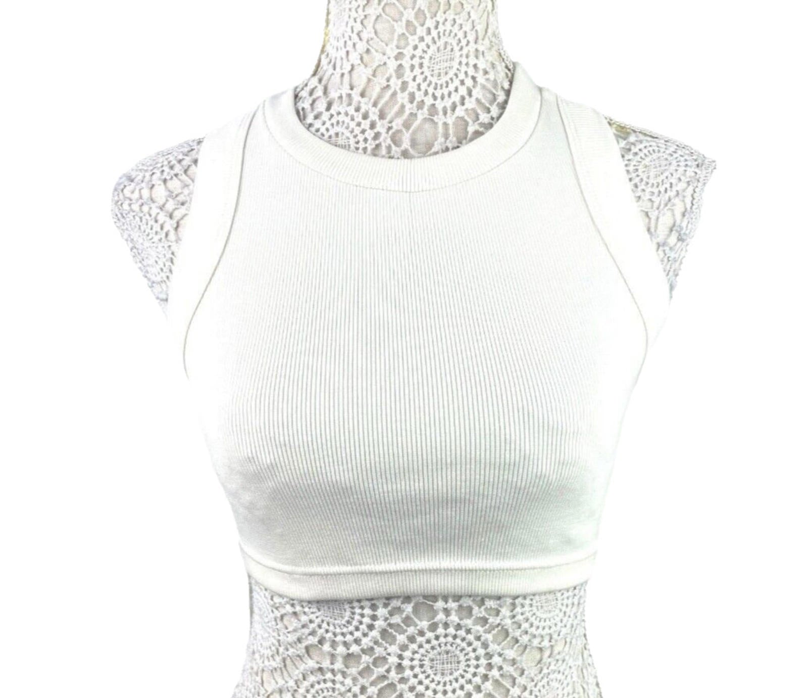 Ribbed Racerback Crop Top Women’s UK Size S Ivory Crew Neck Sleeveless Summer