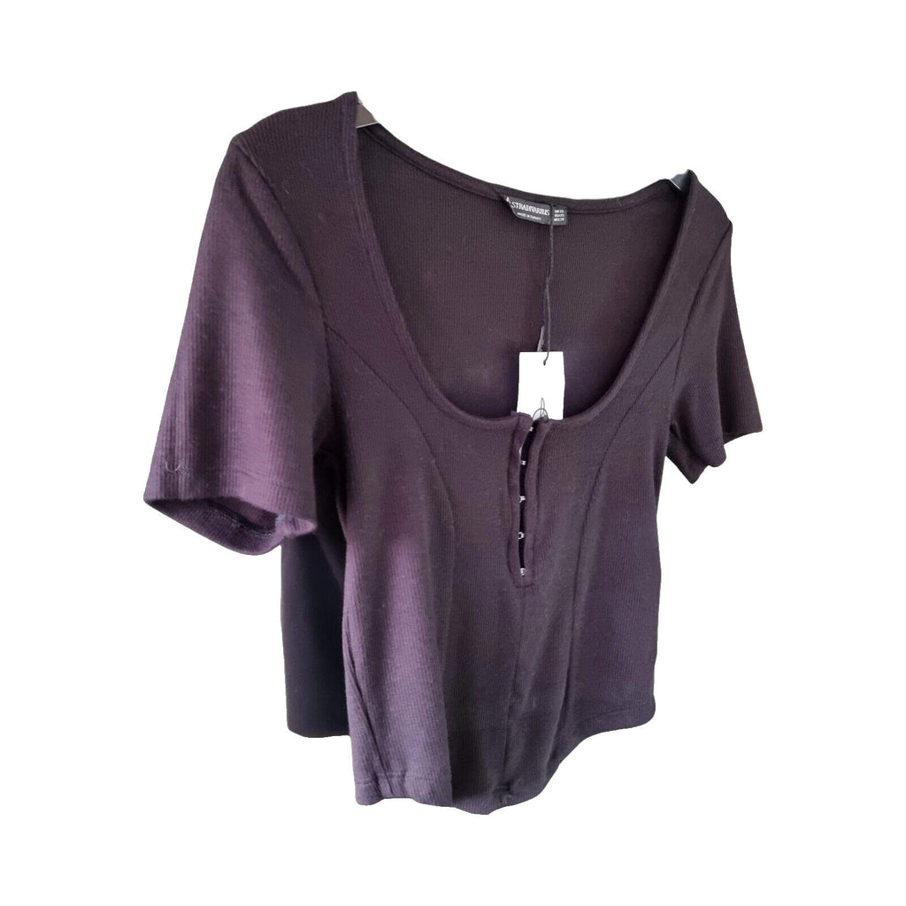 Stradivarius Crop Top Ribbed Black Clasp Fasten Women's UK Size XS
