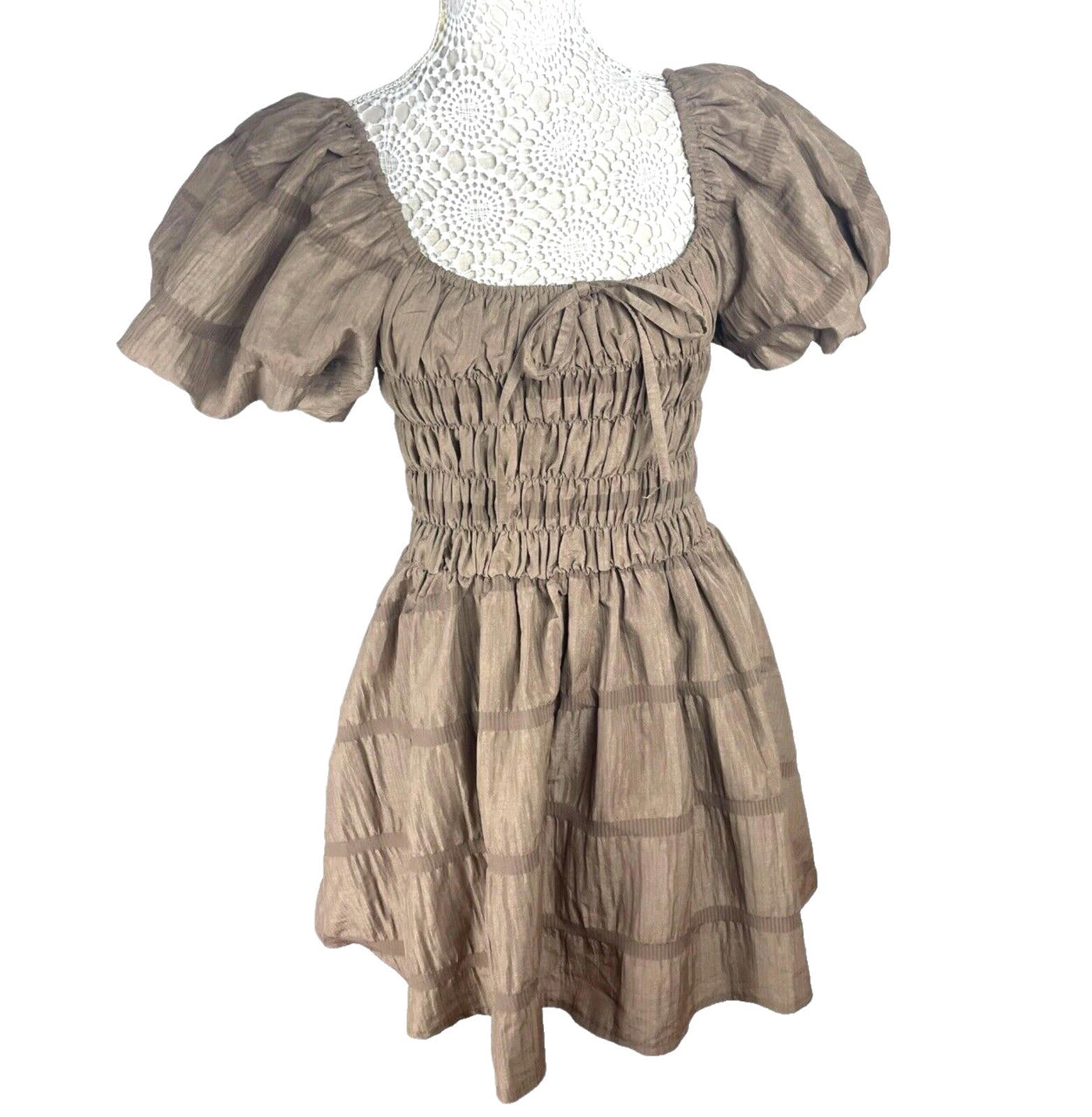 Pretty Little Thing Mini Dress Brown Shirred Aline Women's UK Size 8