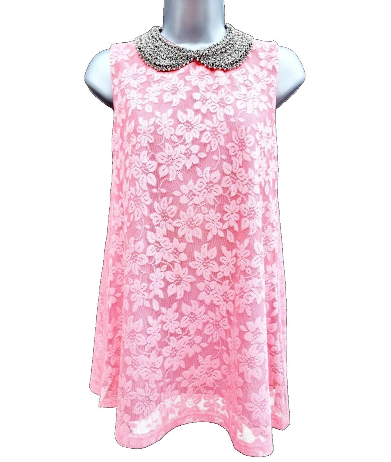 Select Mini Dress Women's UK Size 10 Pink Floral Lace Overlay Embellished Collar