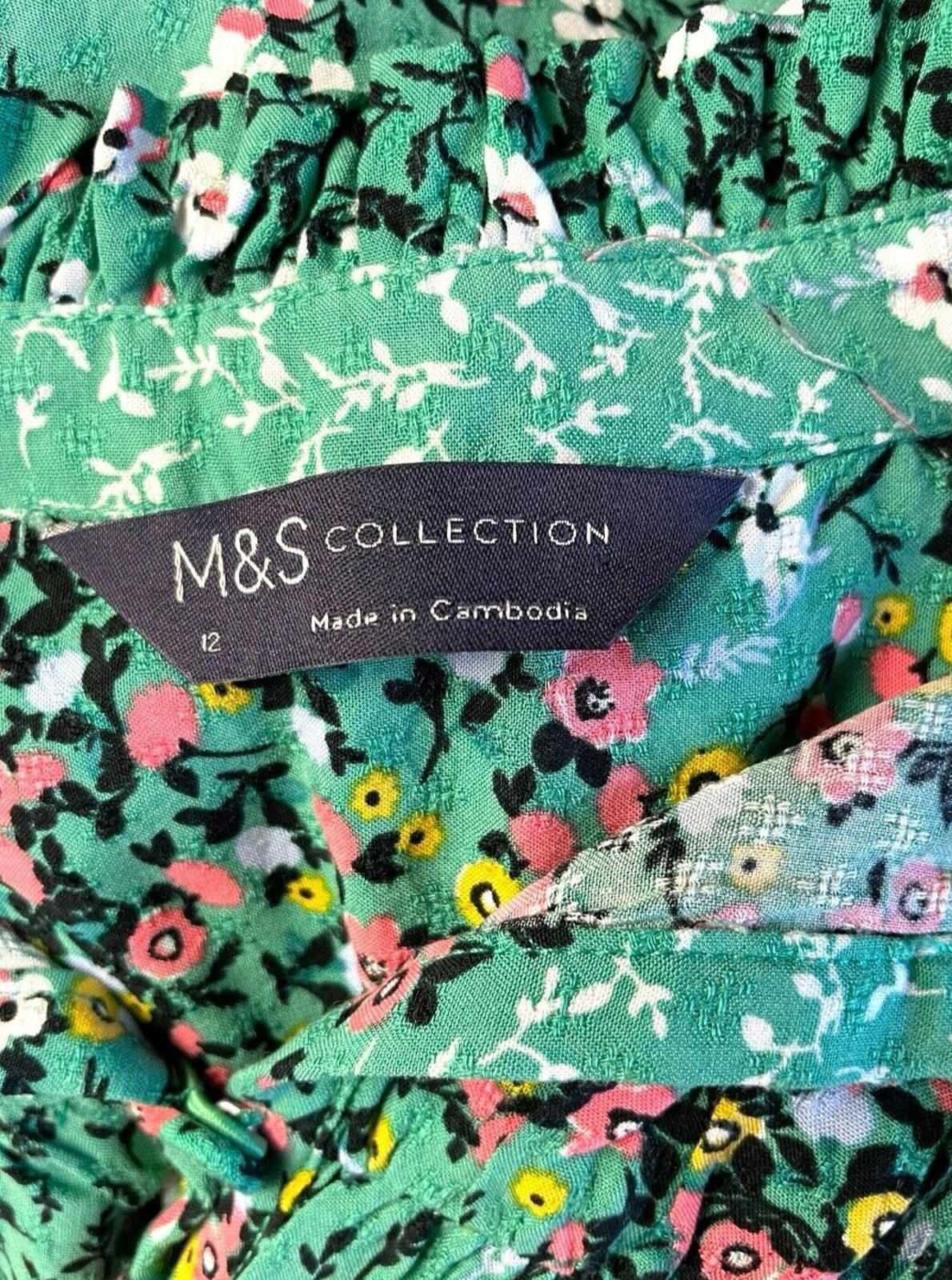 Marks & Spencer Floral Blouse Women’s UK Size 12 Tie Neck Long Sleeve Green