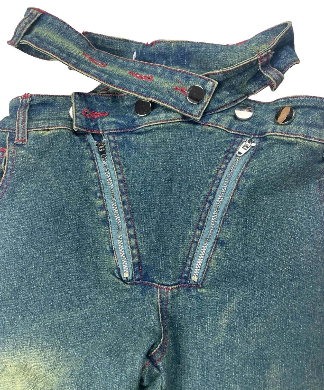 Flared Jeans Women's UK Size 8 Blue Denim Funky Double Zip Denim Distressed