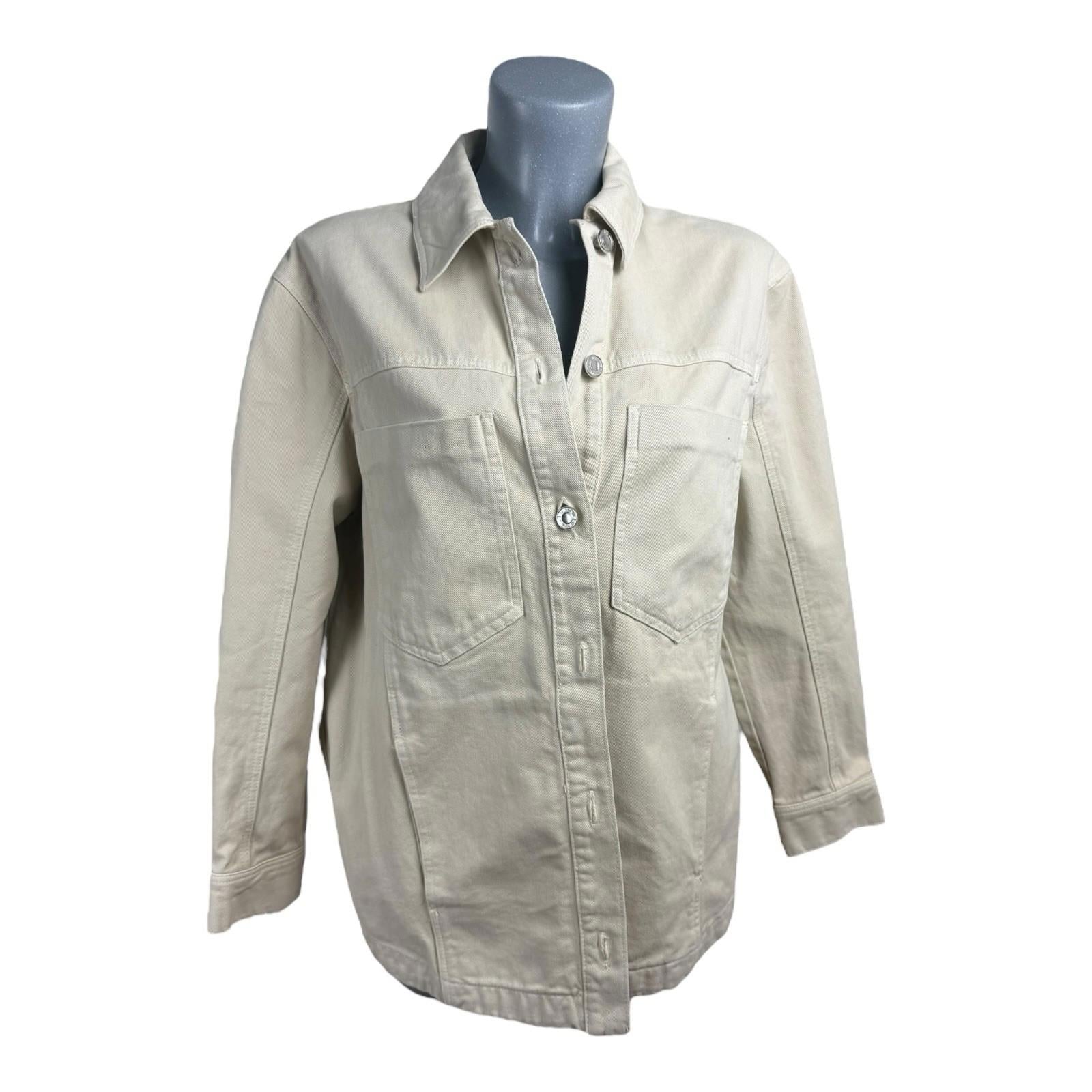 Zara Denim Jacket Oversized Collared Women’s UK Size XS Beige Button Front