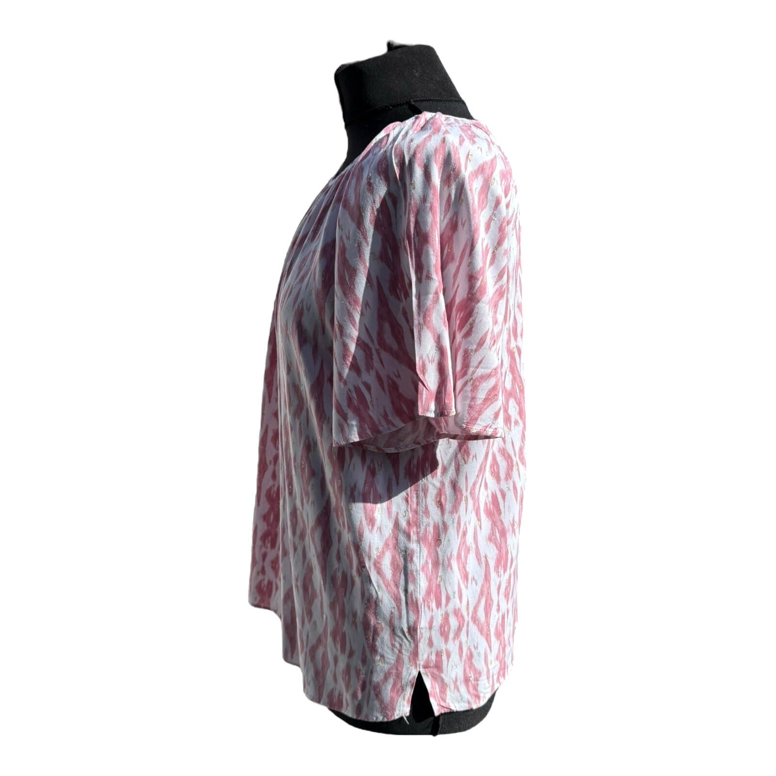 Papaya Pink White T-Shirt Blouse Gold Shimmer Geometric Print Women’s UK Size 14