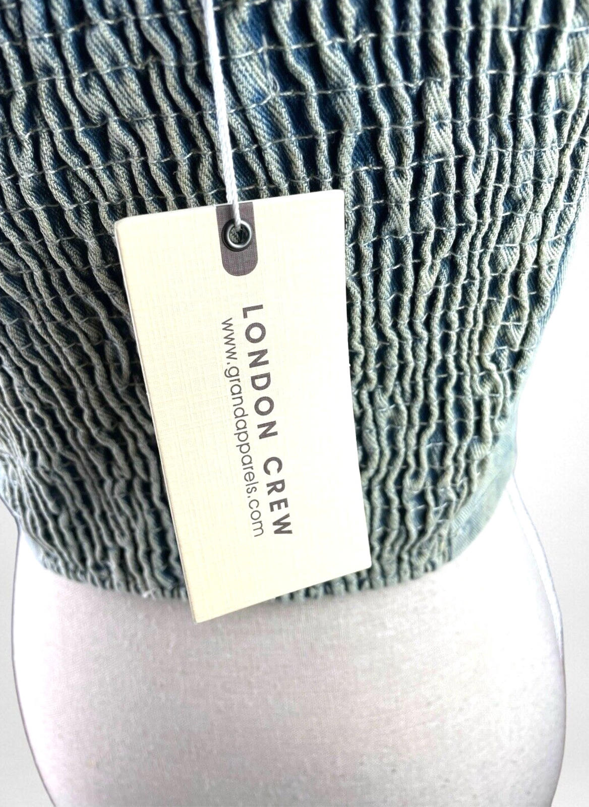 London Crew Light Wash Denim Crop Top Women’s UK Size 8 Blue Pockets Shirred
