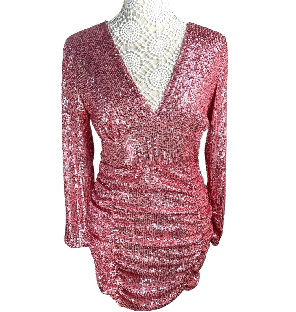Parisian Mini Dress Pink Full Sequin Long Sleeve Occasion Women’s UK Size M (10)