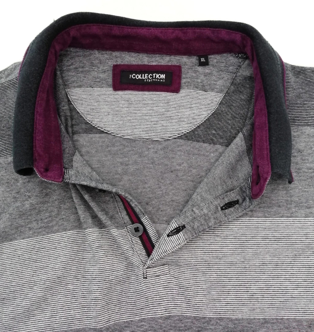 Debenhams Men's UK Size XL Grey Polo Shirt Striped Plum Black Collar Side Gusset