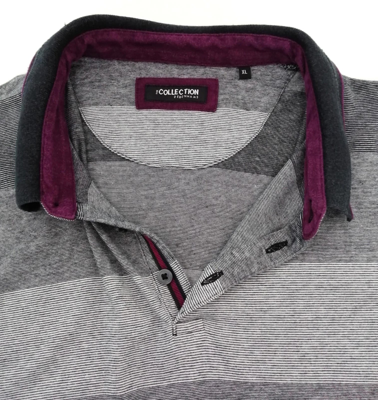 Debenhams Men's UK Size XL Grey Polo Shirt Striped Plum Black Collar Side Gusset
