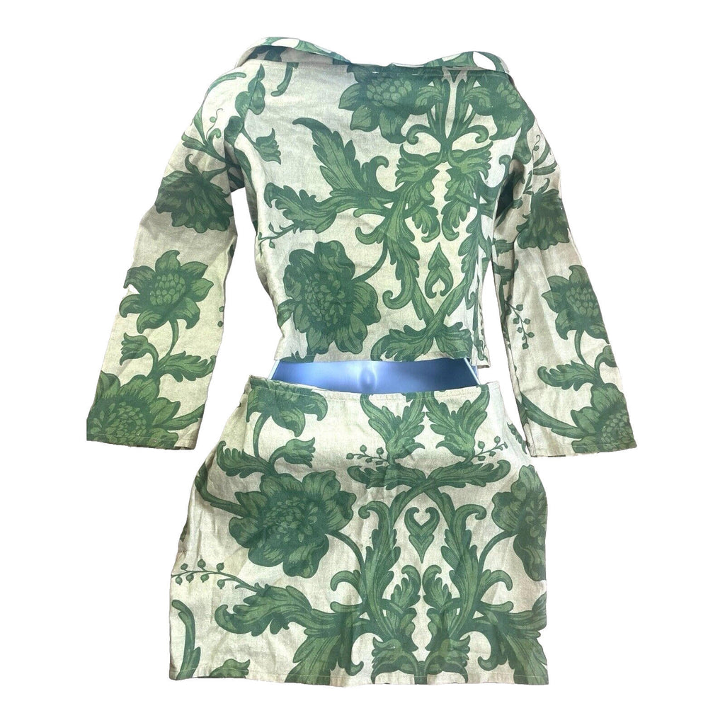 Floral Skirt & Tie Front Top Co-Ord Women’s UK Size S Green Long Sleeve Linen