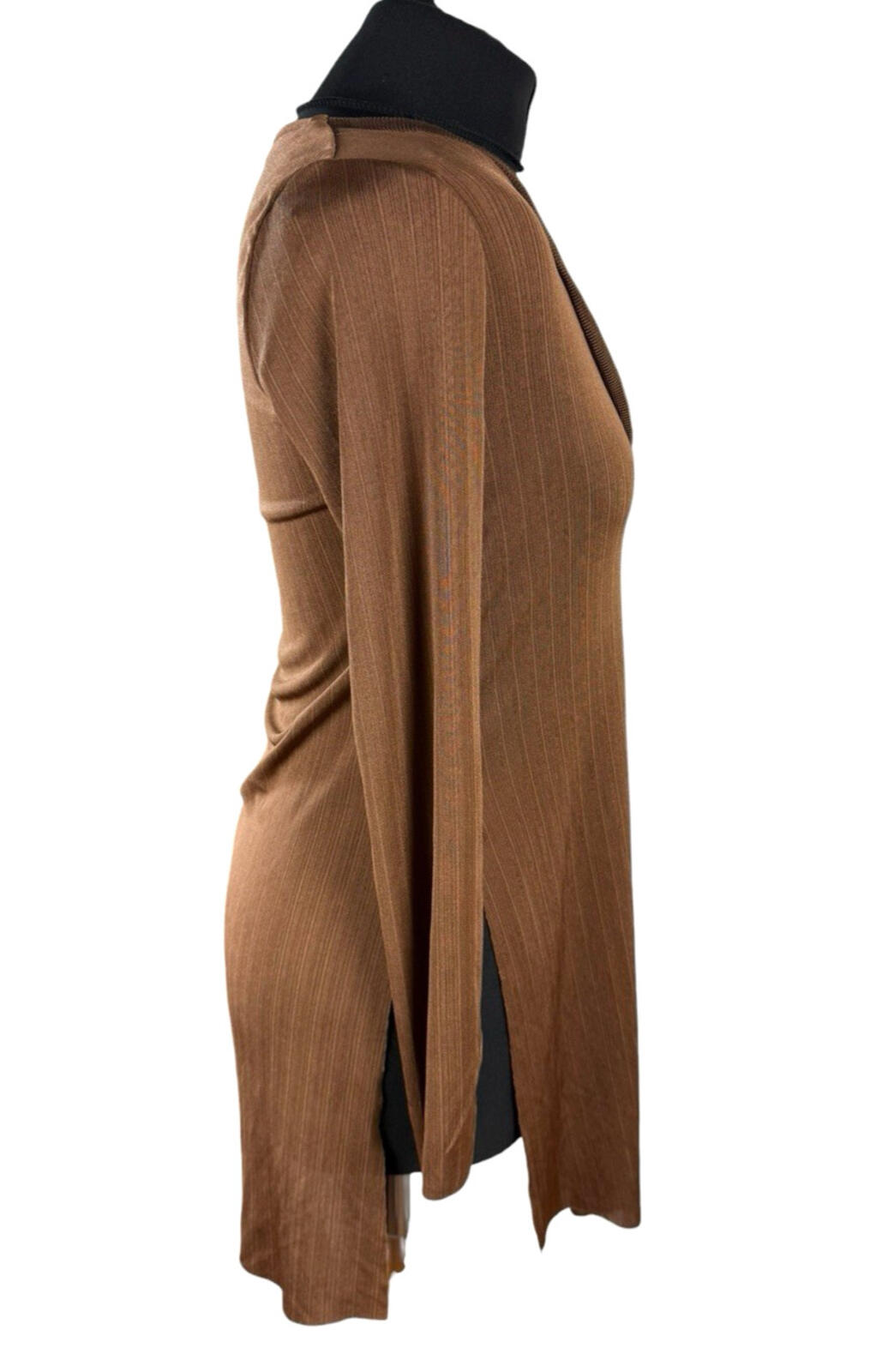 Zara Long Sleeve Tunic Top Women’s UK Size S Side Slit Brown Fine Stripe V-Neck